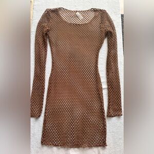 Brown Open-Knit Long Sleeve Dress